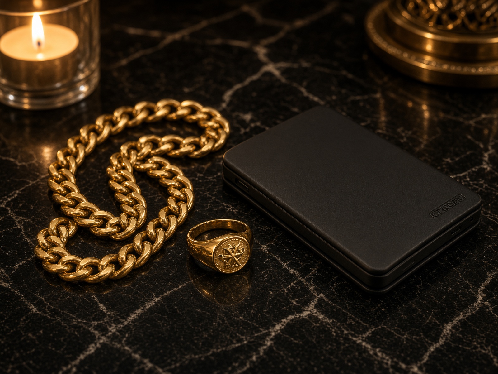 Gold chain, signet ring, and hardware wallet on black marble